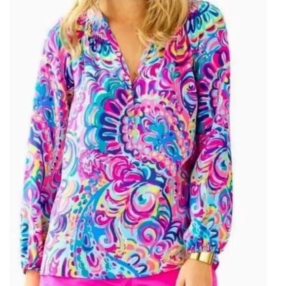 Lilly Pulitzer Silk Elsa Top Psychedelic Sunshine Unicorn Size Small - Picture 2 of 10